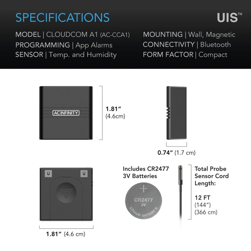AC Infinity CLOUDCOM A1 Mini Smart Thermo - Hygrometer with 12 FT Sensor Probe - Indoor Farmer
