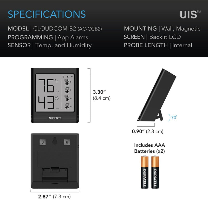 AC Infinity CLOUDCOM B2 Smart Thermo - Hygrometer with Integrated Sensor Probe - Indoor Farmer