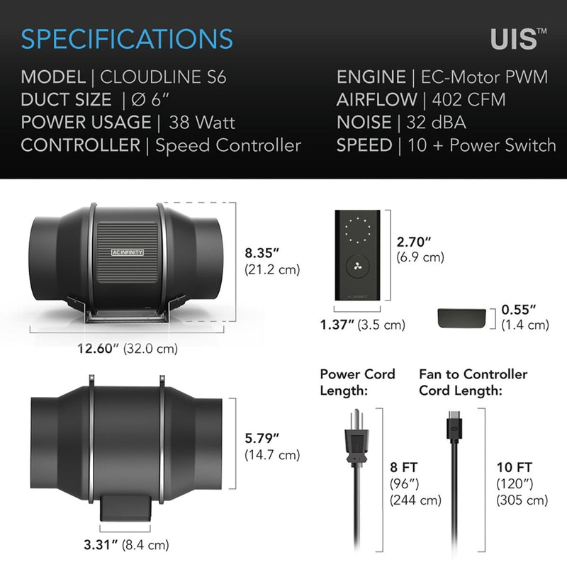 AC Infinity CLOUDLINE PRO S6 Inline Fan with Speed Controller (402 CFM) - Indoor Farmer