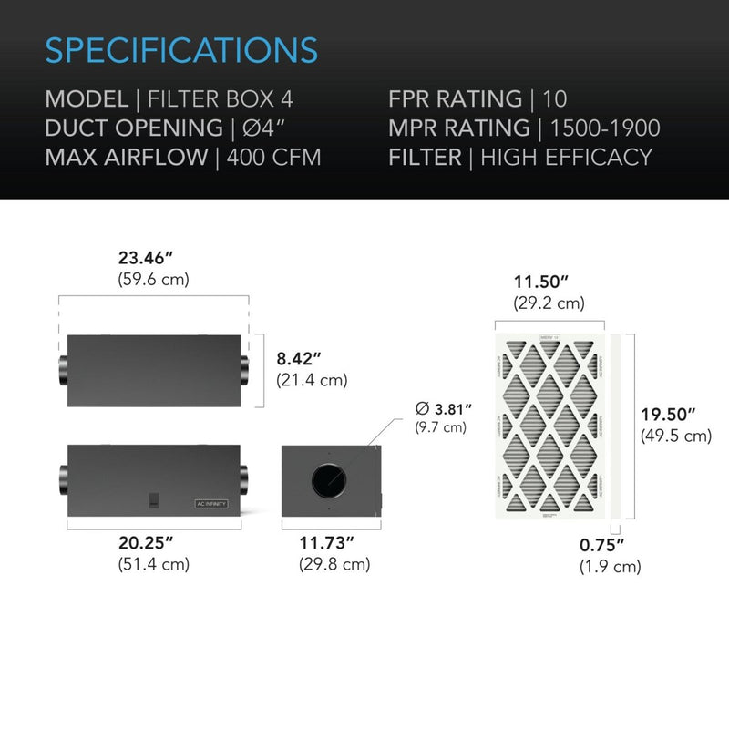 AC Infinity Air Filter Box 4 INCH (400 CFM) - Indoor Farmer