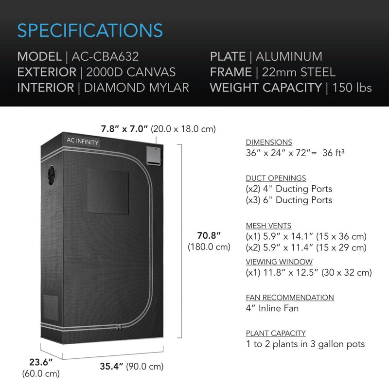 AC Infinity CLOUDLAB 632 Advance Grow Tent 36" X 24" X 72" - Indoor Farmer