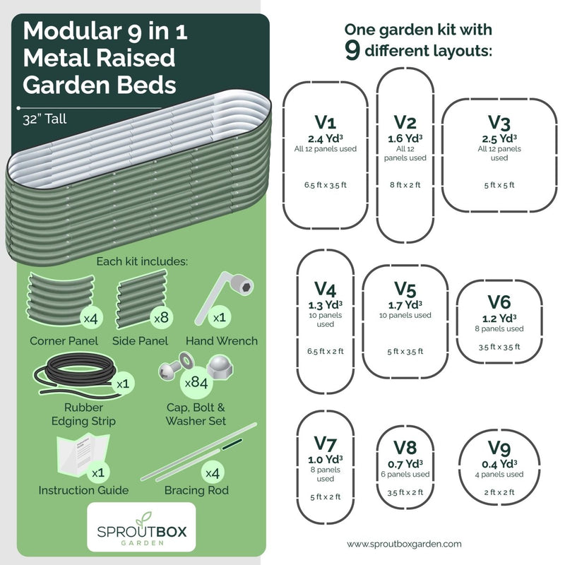 Sproutbox Modular 9 in 1 Metal Raised Garden Bed Kit 32" Tall Eucalyptus - Indoor Farmer